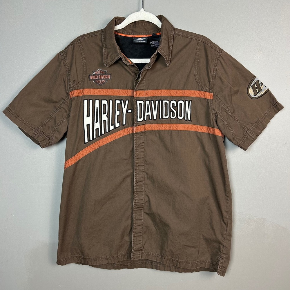 Harley Davidson Shirt Mens Large‎ Brown Spell Out Garage Patch Button Up Vented